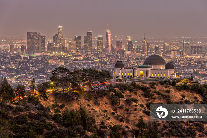 Griffith Observatory and the Skyline of Los Angeles at Dusk