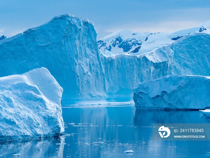 Crusing the Lemaire Channel among drifting icebergs, Antarctic Peninsula. Antarctica