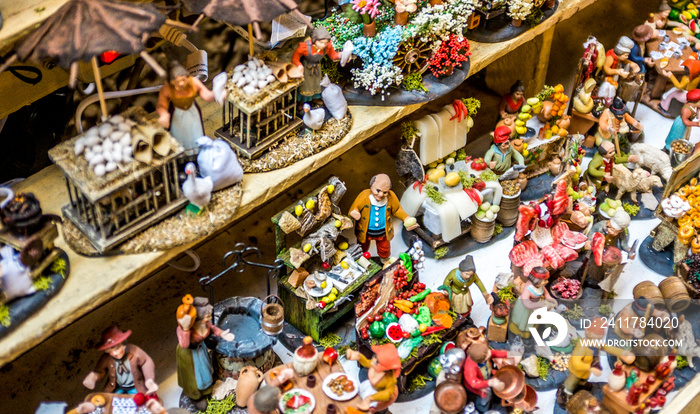 Christmas nativity scene, detail of a Neapolitan Presepe representing a old food store. Naples Italy