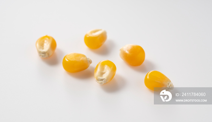 Dried corn kernels placed on white background.