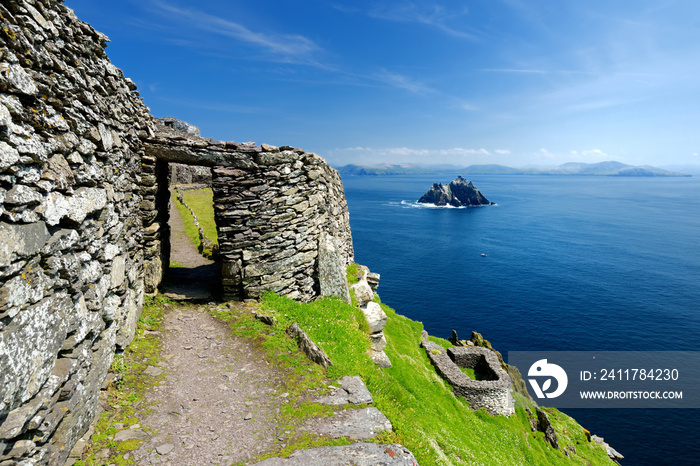 Skellig Michael or Great Skellig, home to the ruined remains of a Christian monastery. Inhabited by variety of seabirds. UNESCO World Heritage Site, Ireland.