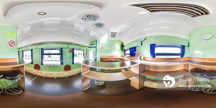 3D spherical panorama with 360 viewing angle. Ready for virtual reality or VR. Full equirectangular projection. Interior of train. Dining car.