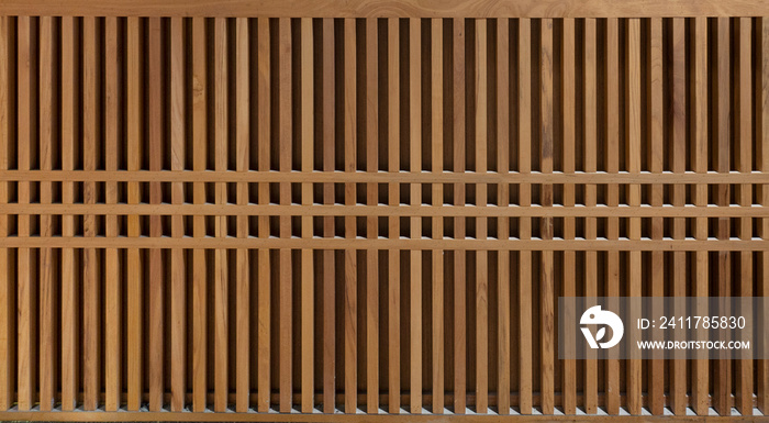 Wood Slats, timber battens wall pattern surface texture. Close-up of interior material for design decoration background