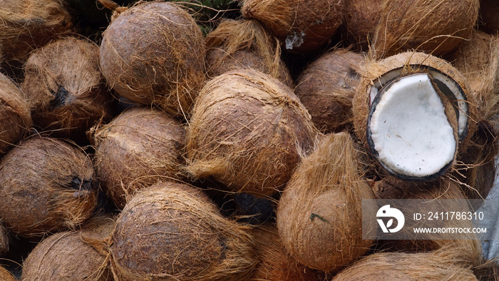 Coconut, with a fibrous brown shell