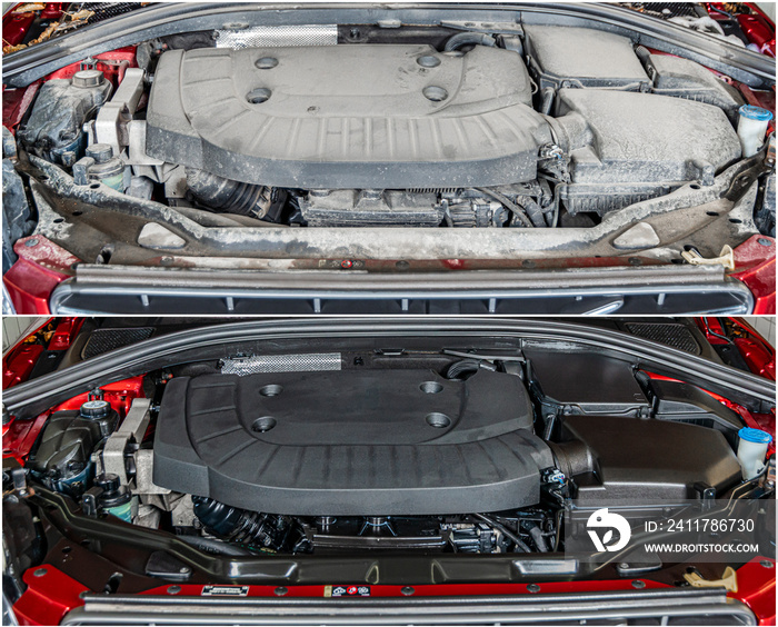 Modern Car engine, before and after cleaning maintenance