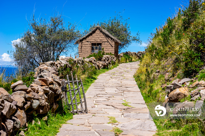 Peru, Lake Titicaca, on Taquile Island.  Peaceful pathway lined with gras and wild flowers