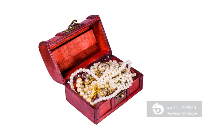 Old box of red wood full of the jewelry isolated on ehite background. Treasure chest