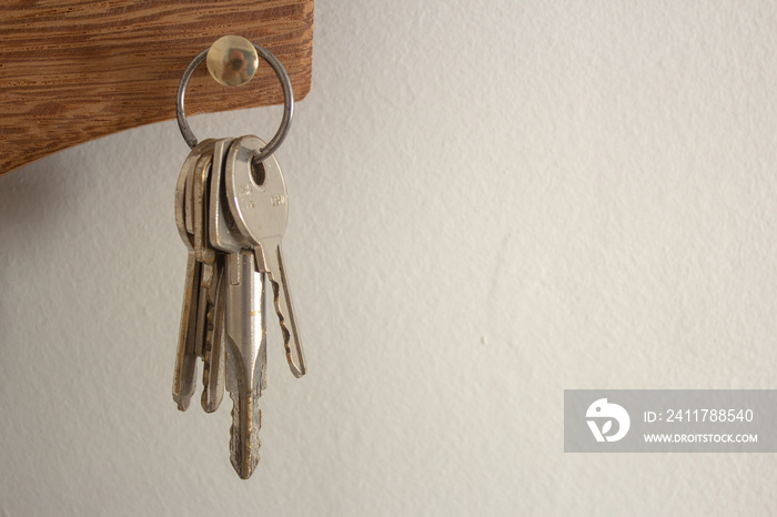 Bunch of keys hanging on a holder on a white wall