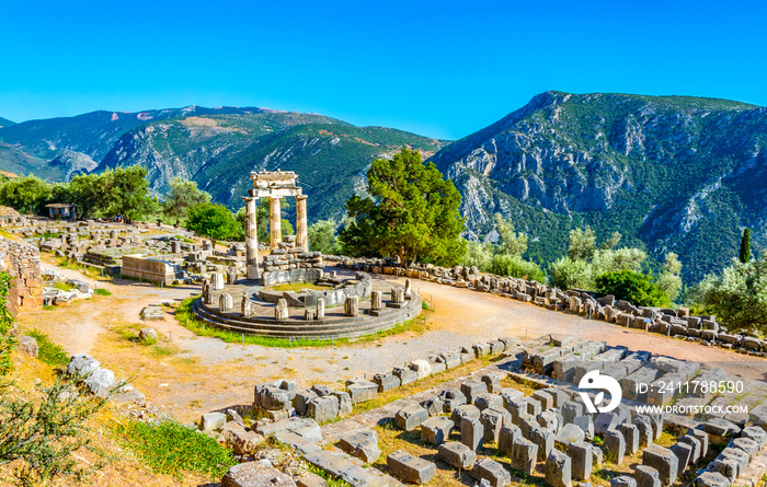 Ruins of temple of Athena Pronaia at Delphi, Greece