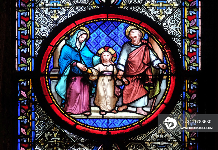 Holy Family, stained glass window in the Basilica of Saint Clotilde in Paris, France