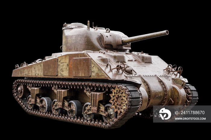 The M4 Sherman, officially Medium Tank, M4, the most used medium tank by the United States and Western Allies in World War II, isolated on a black background