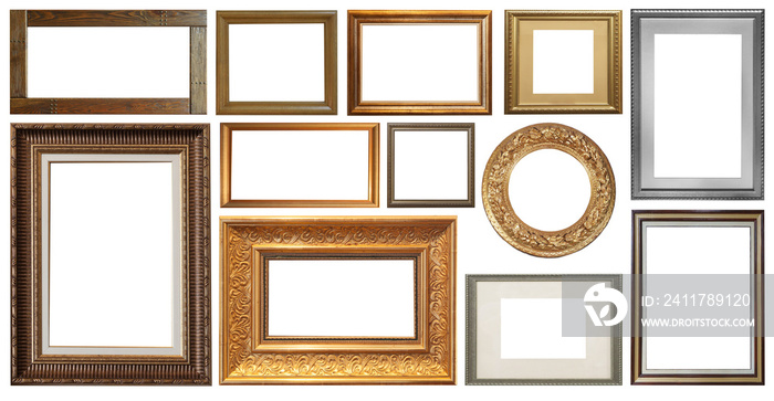 Set of isolated art empty frames in golden and silver color