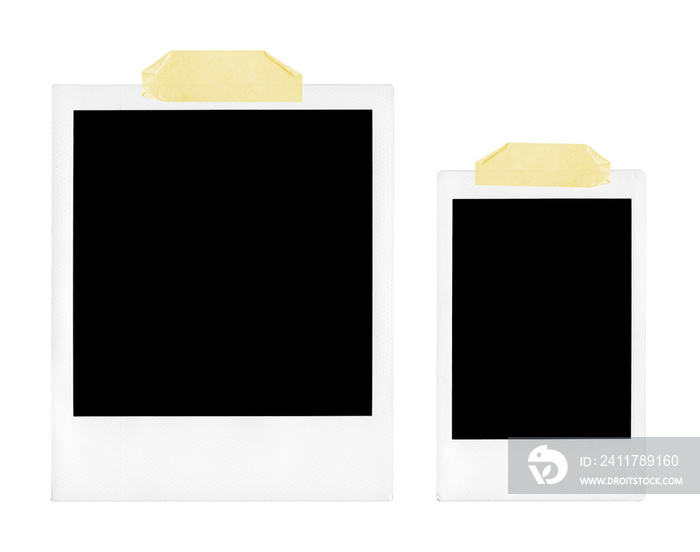 Two polaroid photo frames with tape strips on transparent background, png file