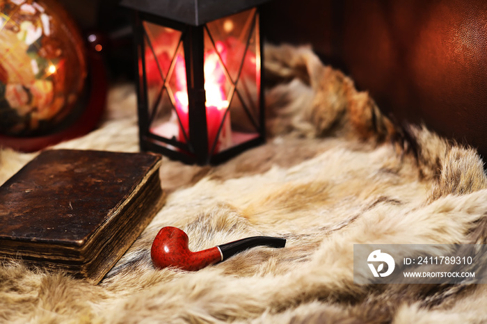 Retro old book and world desk globe on fur, learning and education concepts.