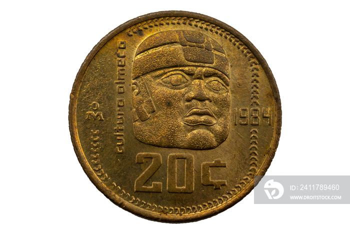 Moneda de 20 centavos Mexicana, cultura olmeca, cabeza Olmeca 1984