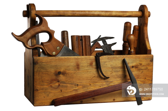 Old Wooden Tool Box Full of Tools Isolated