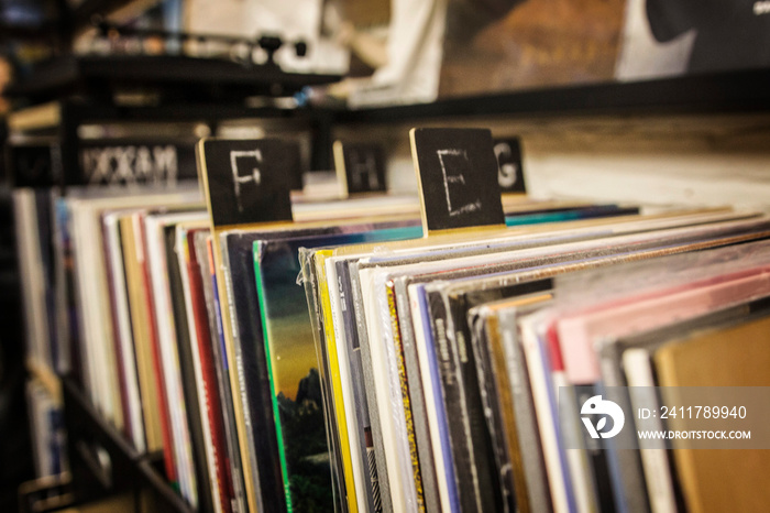 Vinyl shop in Kiev, Ukraine. Collection of LP vinyl records for sale in music shop in Kiev, Ukraine