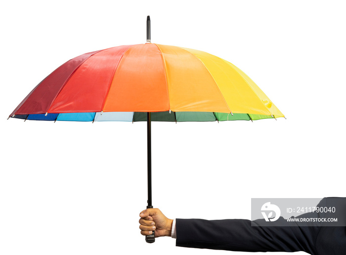 Hand Holding rainbow color umbrella isolated on white background, Hand Holding an umbrella White Background PNG File.