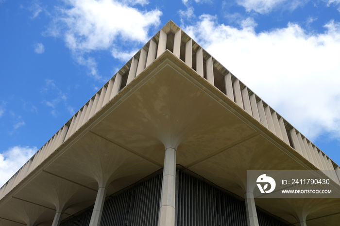 Looking up at the Hawaii State Capitol Building in Honolulu