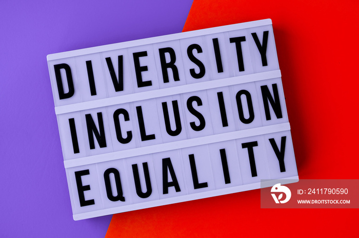 Diversity inclusion equality lettering. Text. Diversity, Age, Ethnicity, Sexual Orientation, Gender, Religion. Equal rights social concept.