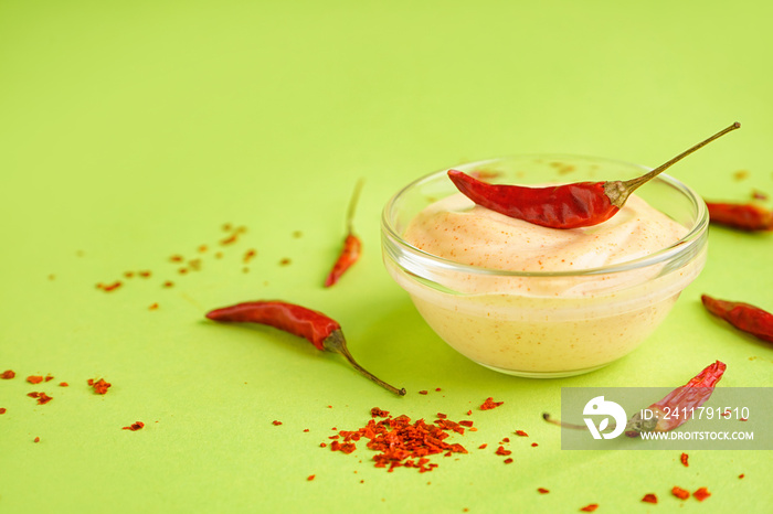 Bowl of tasty chipotle sauce and dry peppers on green background