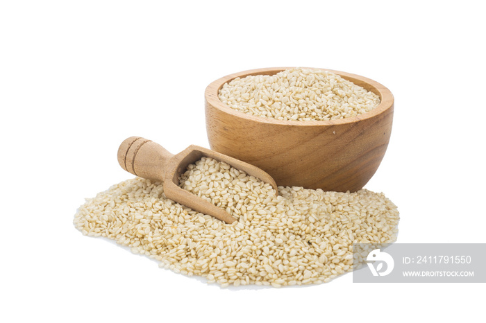 White Sesame seeds in wooden bowl and spoon isolated on white background.Organic natural sesame seeds and extract oil concept