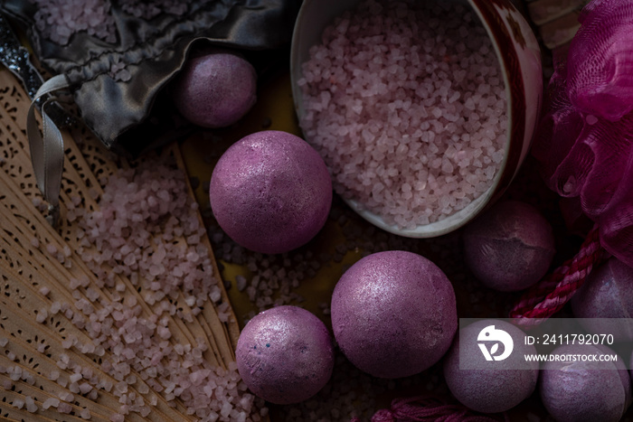 pink bath bombs and bath salts still life