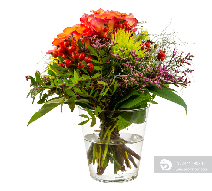 Closeup of an isolated flower arrangement in a glass vase