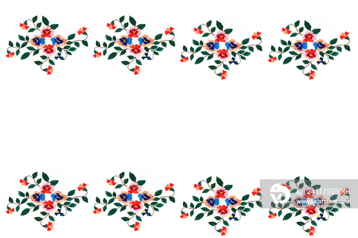 Embroidery pattern of flowers handmade smooth thread of floss on white background isolate with copy space flat view from above