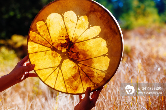 shaman frame drum in woman hand in the nature.