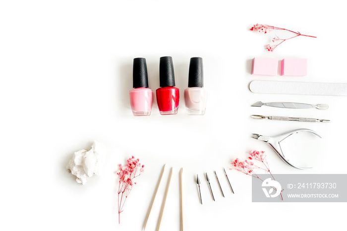 Tools of manicure set on white background.