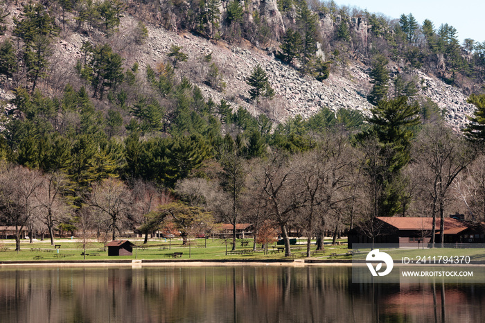 Looking back at the South Shore picnic area of Devil’s Lake State Park, Baraboo, Wisconsin, in early April.