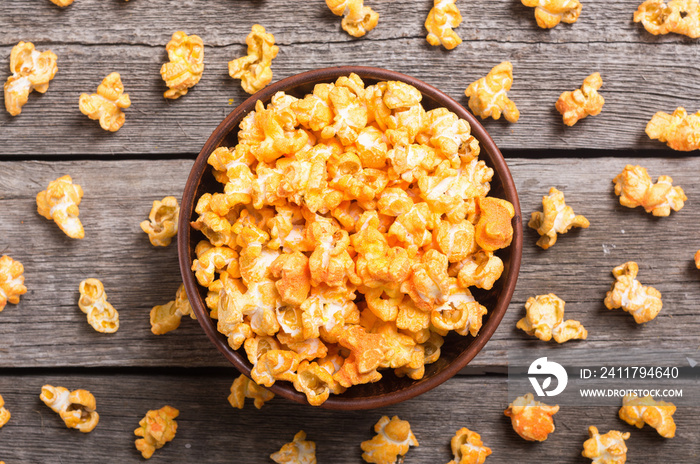 Yellow cheese popcorn in bowl