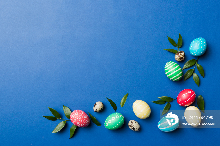 Colorful Easter eggs with spring flower leaf isolated over white background. Colored Egg Holiday border