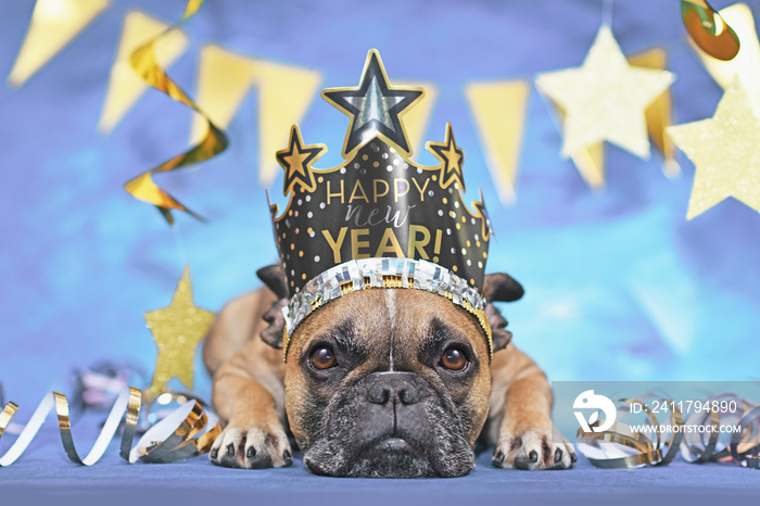 New Year party French Bulldog dog wearing crown with text ’Happy new year’ between golden streamers on blue background