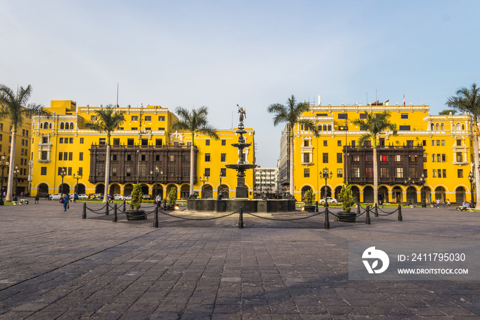 LIMA, PERU: View of the antique iron fountain in the main square of the city