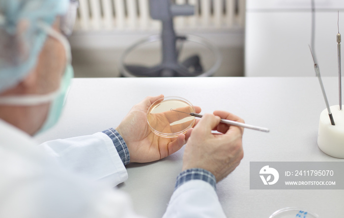 Biologist working with sample in petri dish in laboratory