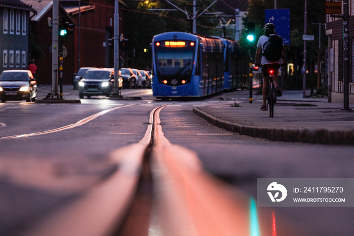 Stockholm, Sweden  Tram tracks glowing in the evening sun in Liljeholmen.