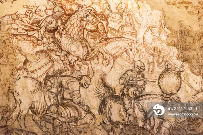 Restoration of medieval illustration showing a battle scene