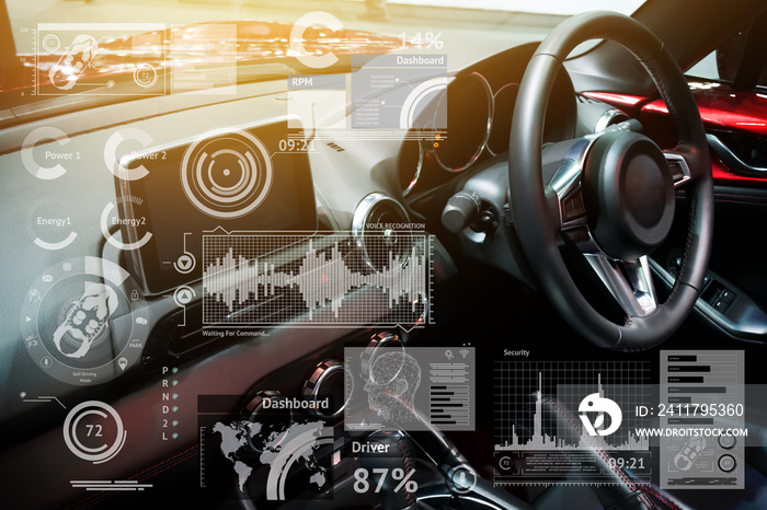 Smart car and internet of things (IOT) concept. Car ’s console and icons popup out of screen with flare light