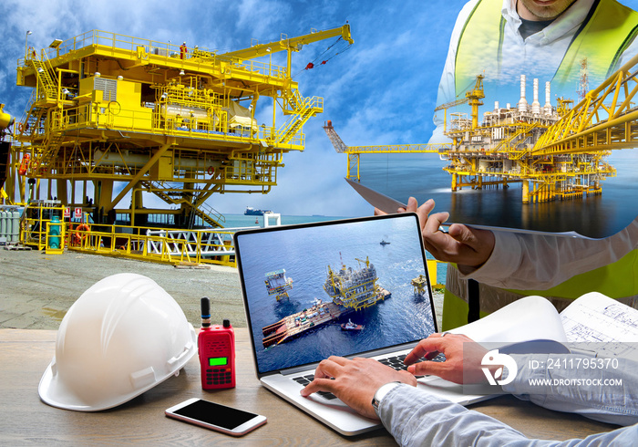 Drilling rig construction and transportation industry for installation Offshore, Manufacturing industrial and Worker equipment safety concept image