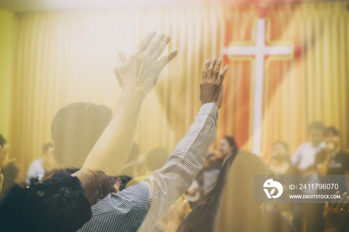 People Worship God in the Prayer Meeting. Vintage and Retro Style Picture Added