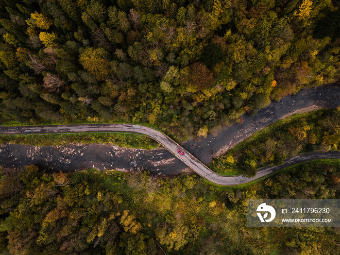 Red Car Drive on Winding Curvy Road in Forest. Bridge Crossing over Rover. Autumn Season. Drone View