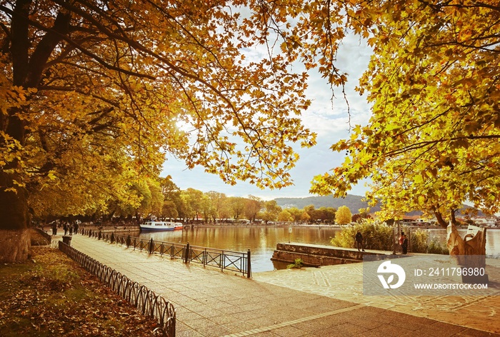 autumn in ioannina city greece yellow leaves on trees clouds by the lake, greece