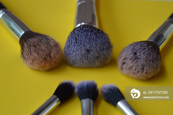 Professional cosmetic makeup brushes on a yellow background