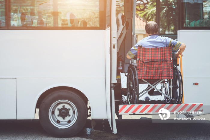 Disabled people sitting on wheelchair and going to the public bus