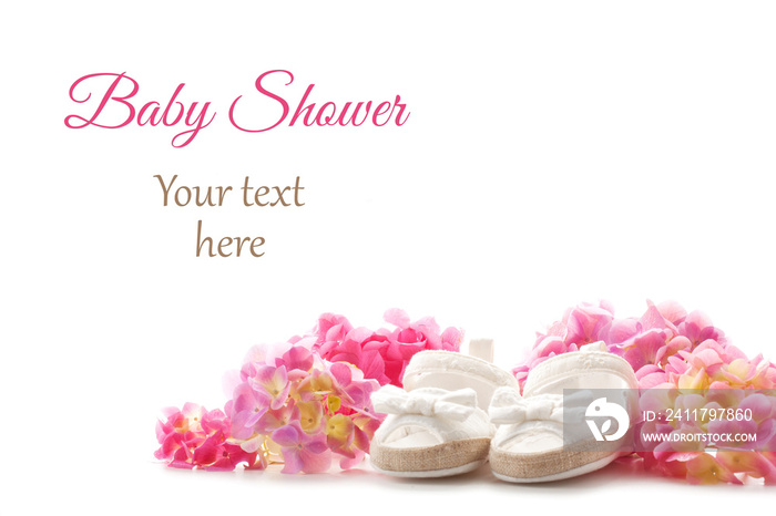 Cute newborn baby girl shoes. Baby shower, birthday, invitation, greeting card