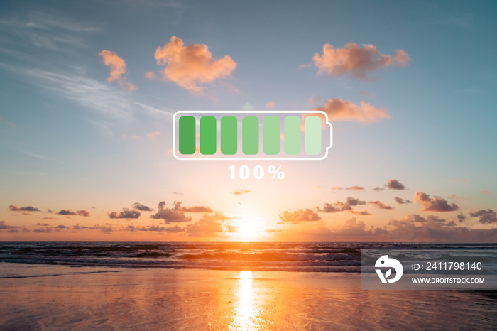 Fully charge battery 100% sign icon on natare summer beach on vacation day. Holiday long weekend relax time.