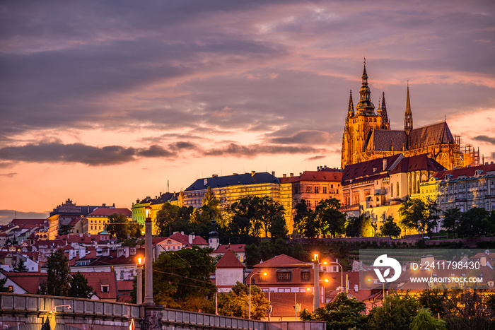 Cityscape of Prague with the famous castle during sunset.