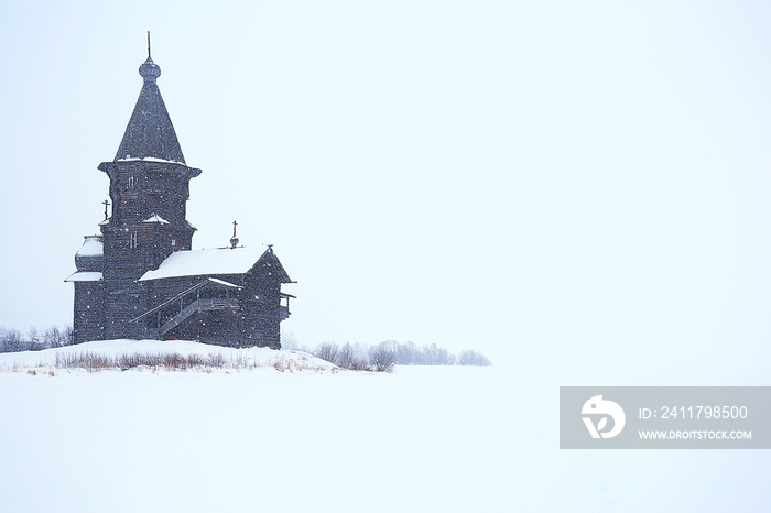 landscape in russian kizhi church winter view / winter season snowfall in landscape with church architecture